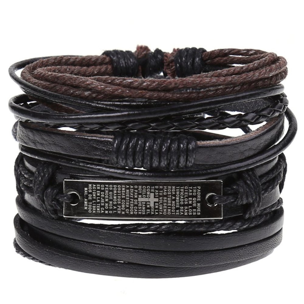 Black Adjustable Leather Braided Bracelet Set Rope Multilayer Wristban